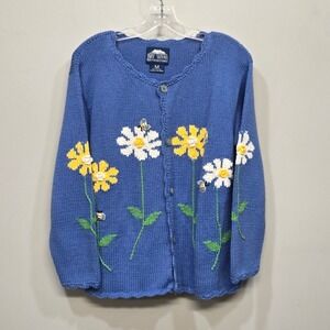 Rey Wear Cardigan Sweater Medium Blue Cotton Hand Knit Daisy 3D Bee Cottagecore